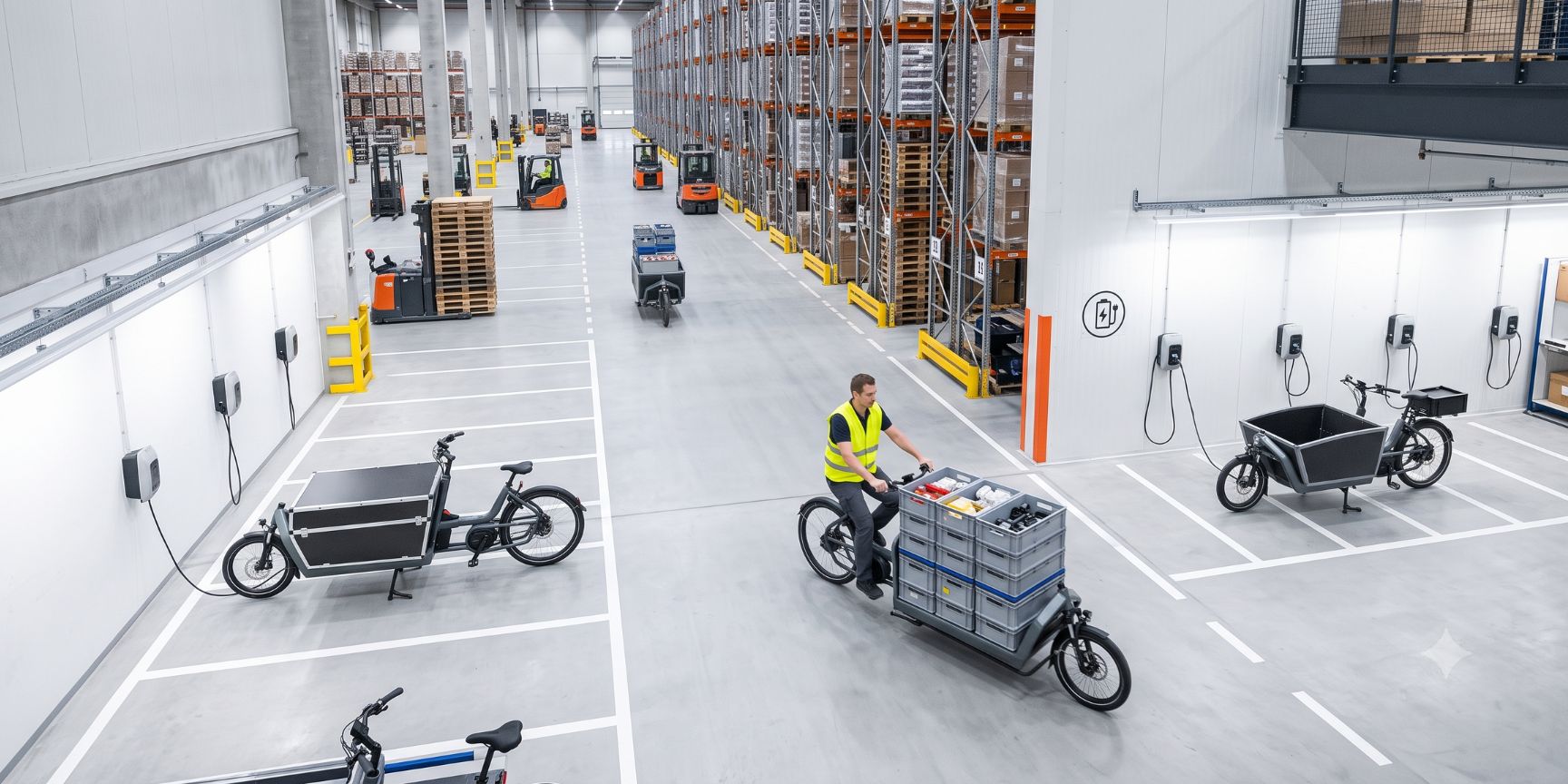 Ein elektrisches Lastenfahrrad fährt durch eine große, moderne Lagerhalle mit Hochregalen, vorbei an einer markierten Ladezone für Akkus, und transportiert Kleinteile.